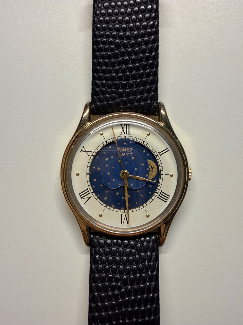 Timex Gold-Tone Case Watch with Blue Star Dial and Black Strap